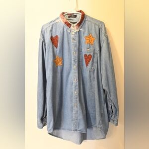 Luna Pier 100% Cotton Denim Shirt with Red and Yellow Star Patches Size L
